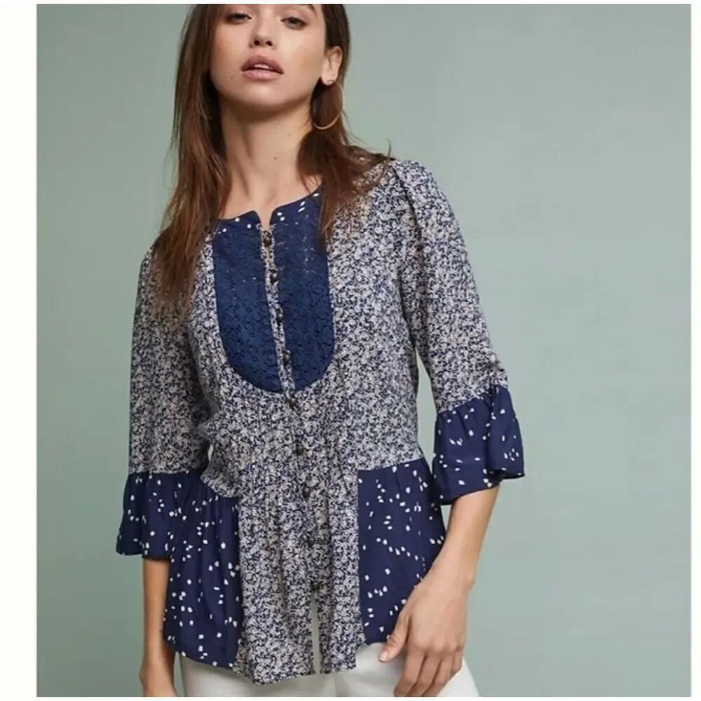 Maeve Anthropologie Hiver Navy Print Boho Peasant Blouse sz 0 EUC